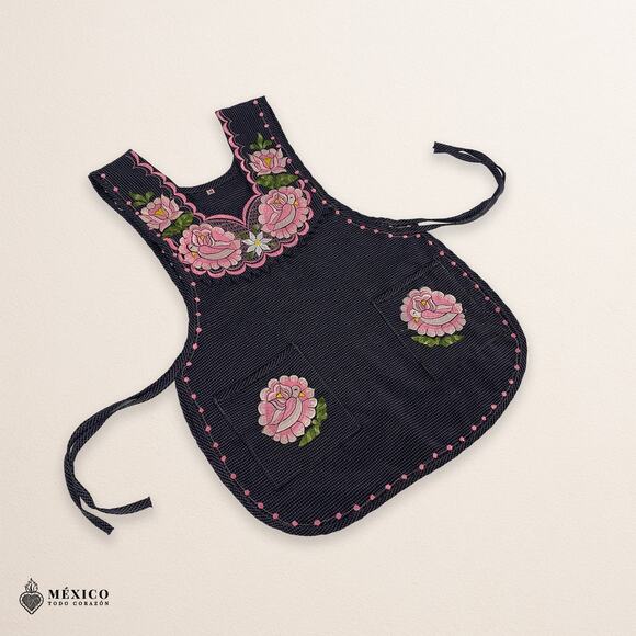 Pink & Blue Mexican Embroidered Smock Apron, Floral Traditional Design for Women - Picture 7 of 8